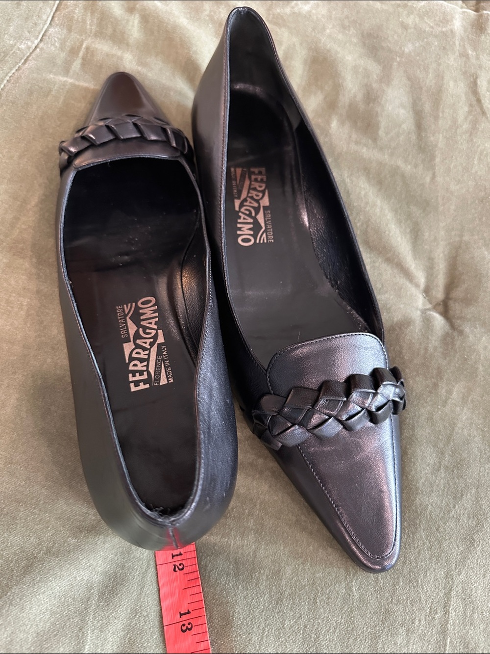 Salvatore Ferragamo Black Pointed-Toe Braided Leather Flats - Picture 3 of 9